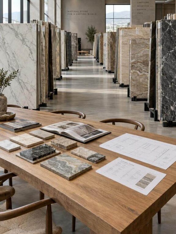 Natural stone slabs in a professional stone showroom